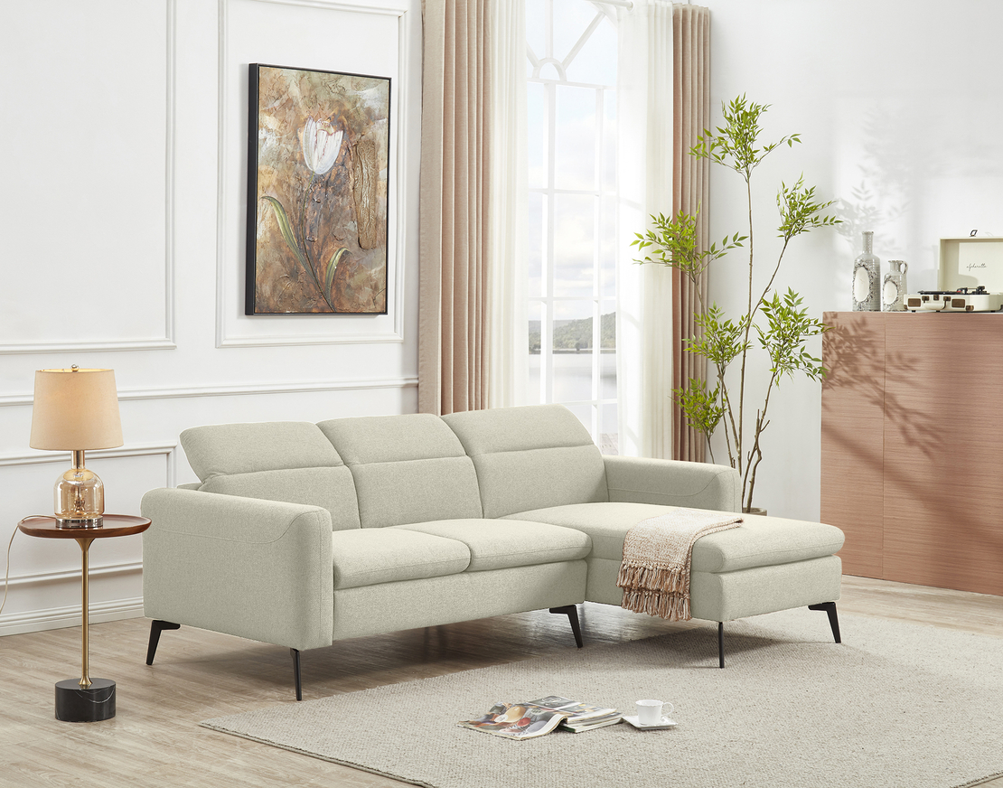 ספה פינתית מודולרית עם ריקליינר ראש מבד אריג רחיץ דוחה כתמים דגם צ’לסי שמנת