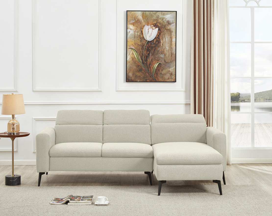 ספה פינתית מודולרית עם ריקליינר ראש מבד אריג רחיץ דוחה כתמים דגם צ’לסי שמנת