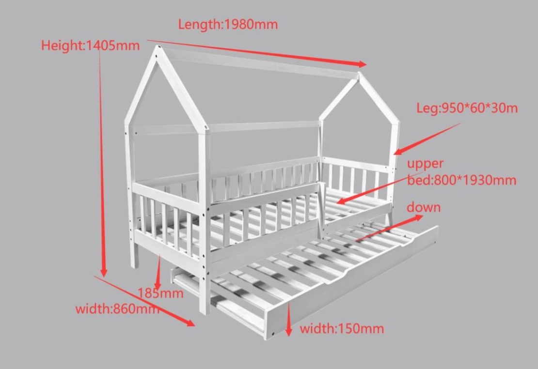 מיטת ילדים בצורת בית כוללת מזרנים מעקה בטיחות ומיטת חבר דגם טדי TEDDY