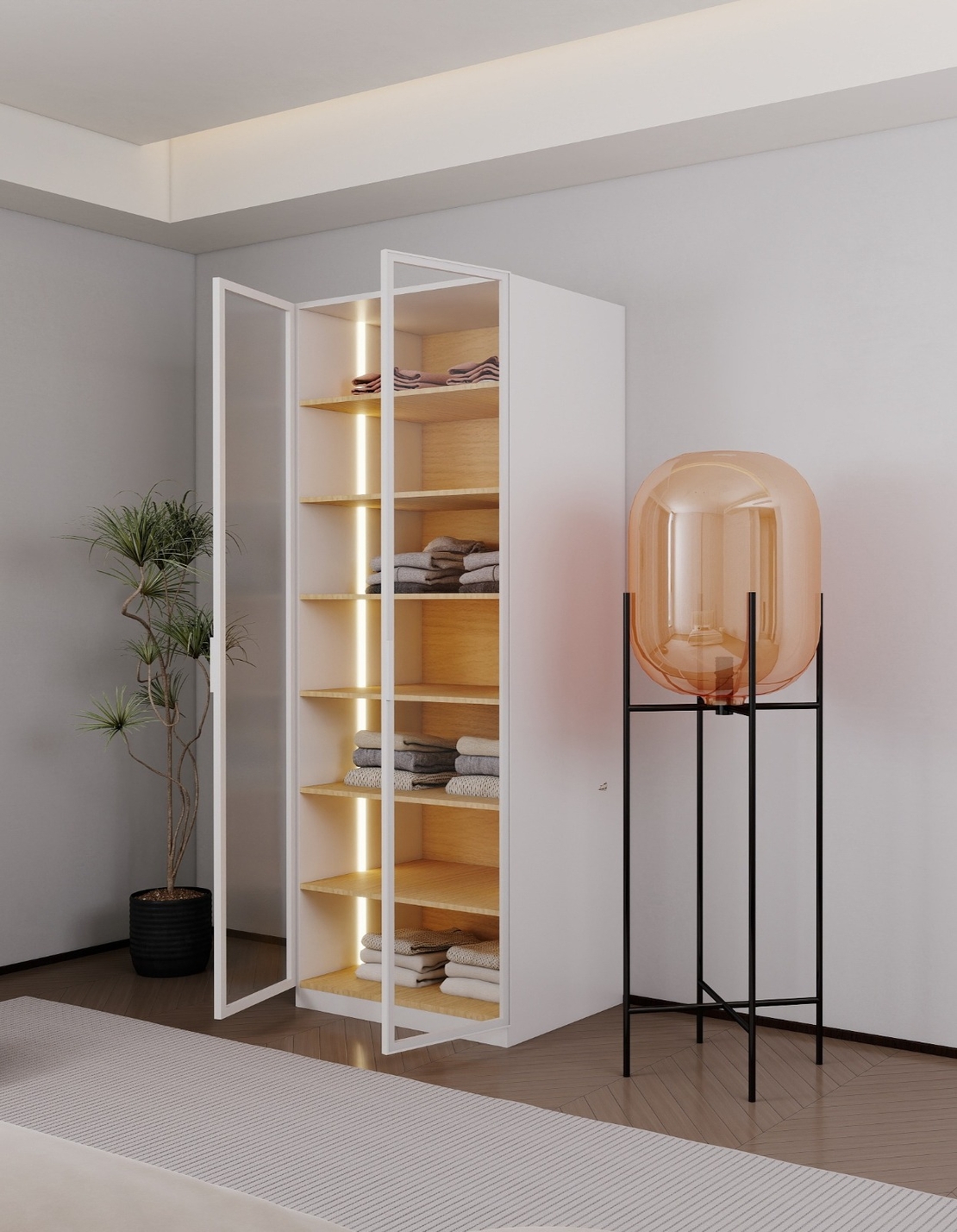 ארון בגדים 2 דלתות זכוכית עם תאורת LED רוחב 80 דגם ונציה לבן משולב עץ טבעי | מבית WOODY