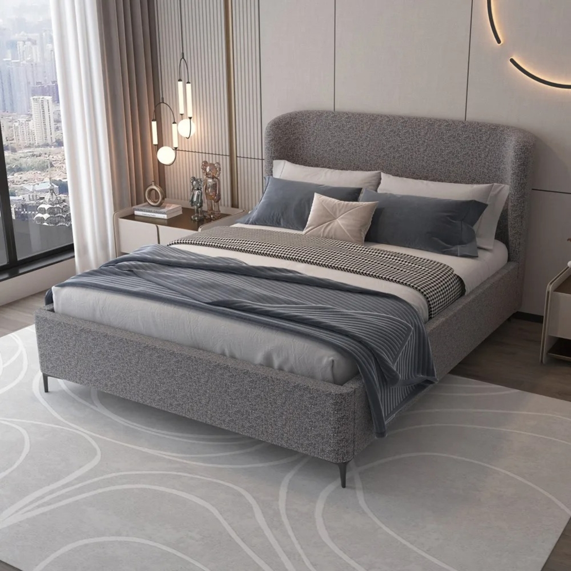 מיטה זוגית מעוצבת ריפוד בד בוקלה עם ארגז מצעים מעץ דגם בובה אפור