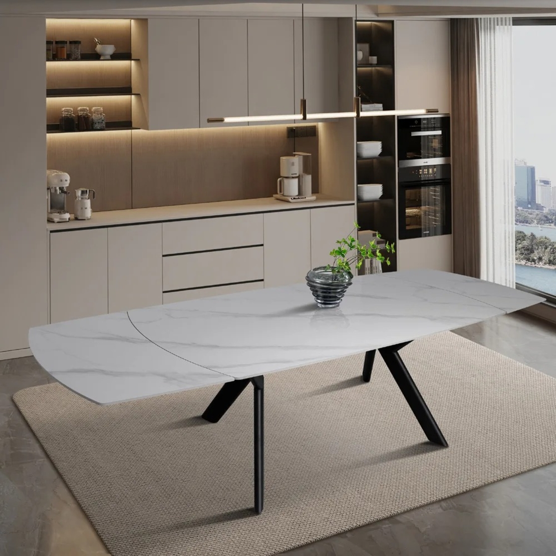 שולחן אוכל אבן קרמית נפתח 1.6-2.4 מ' עם רגלי ברזל דגם גלבוע לבן