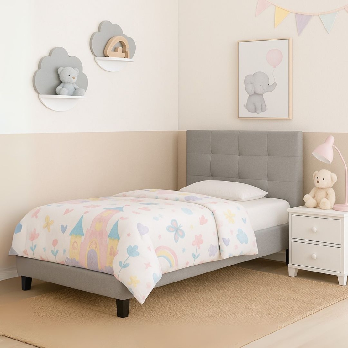 מיטת יחיד מרופדת למזרן 90×190 דגם פנטזי אפור