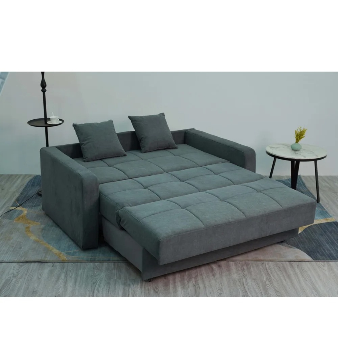 ספה מעוצבת נפתחת למיטה זוגית עם ארגז מצעים בבד קטיפתי דגם מאיה אפור