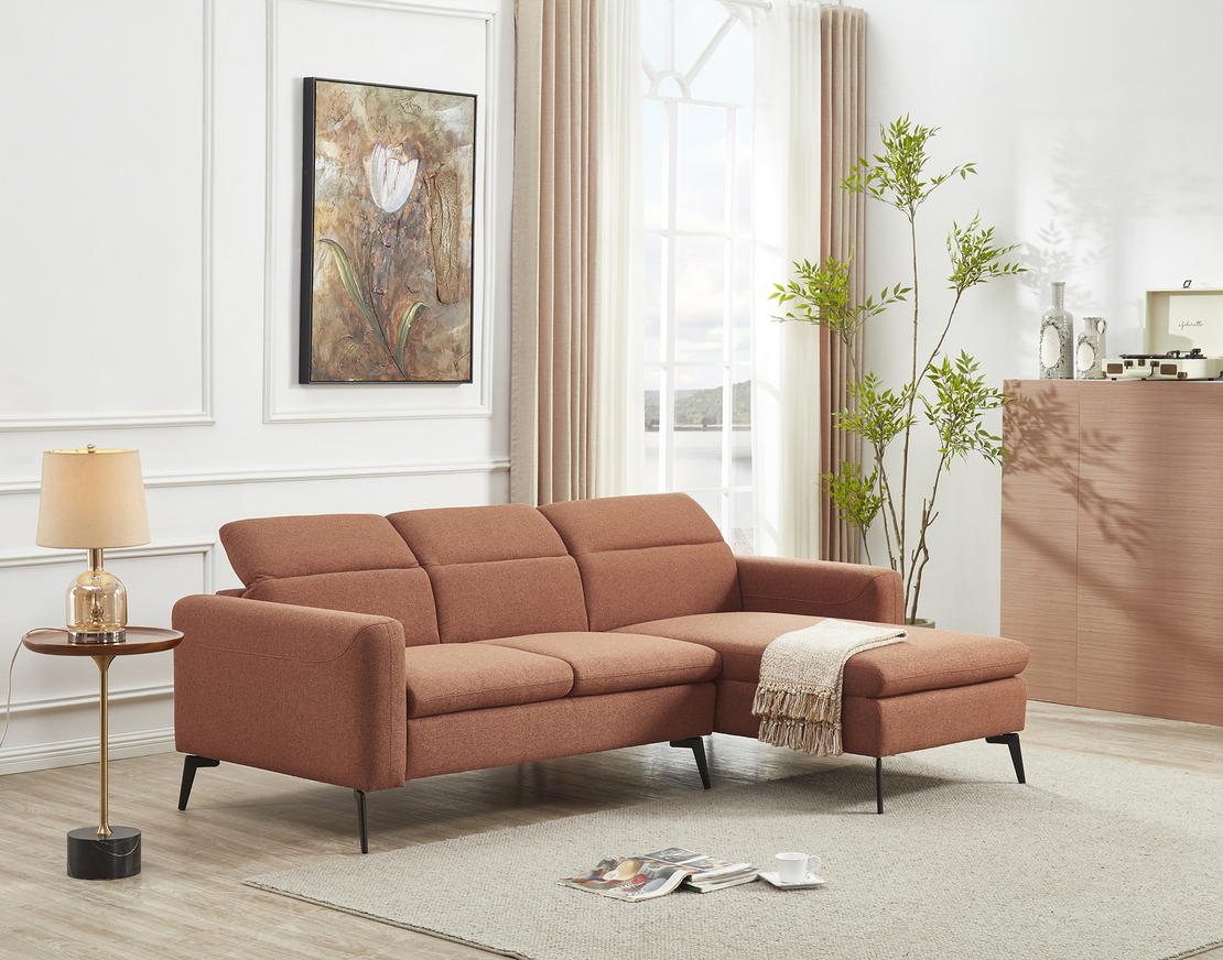 ספה פינתית מודולרית עם ריקליינר ראש מבד אריג רחיץ דוחה כתמים דגם צ’לסי כתום