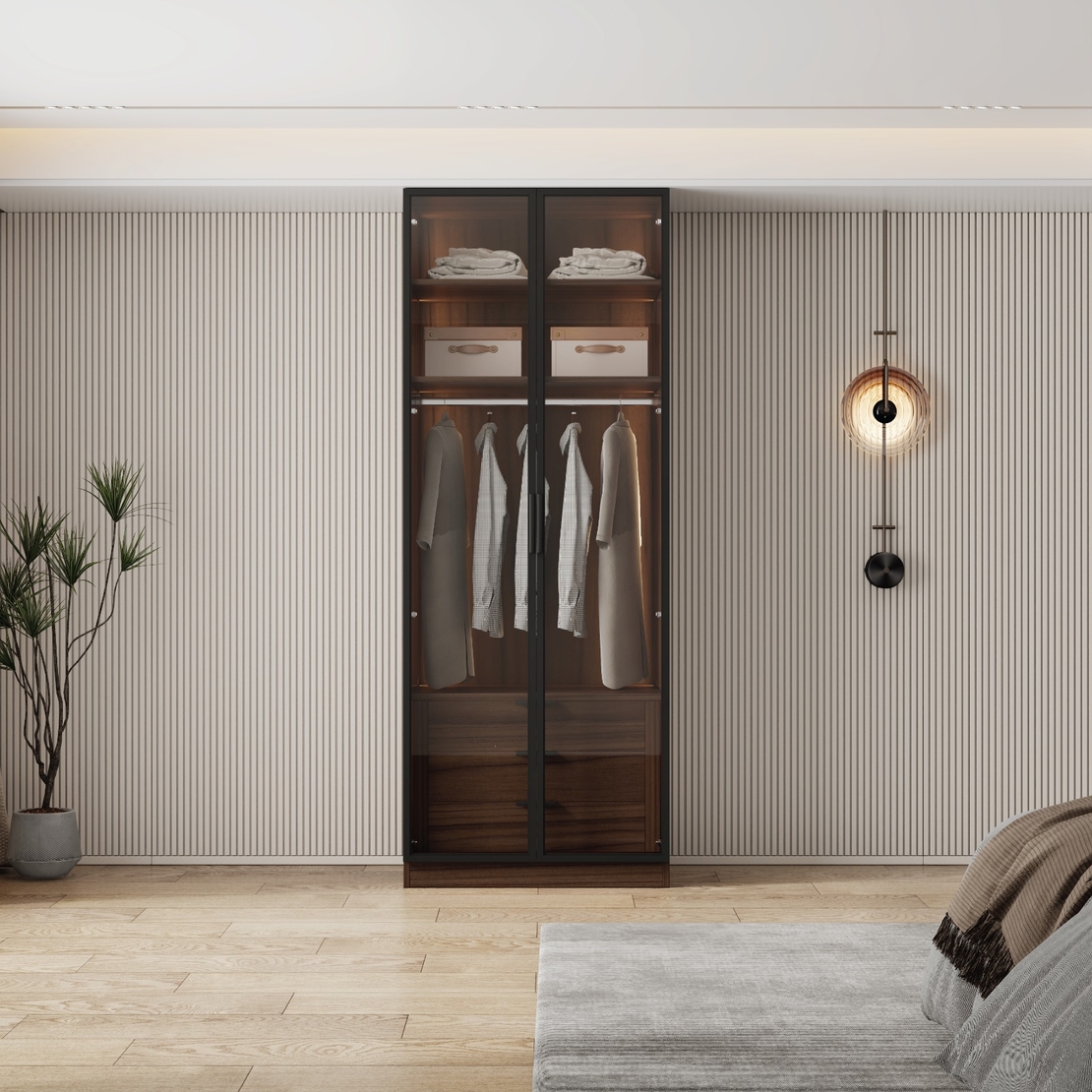 ארון בגדים 2 דלתות זכוכית עם תאורת LED רוחב 80 דגם מילאנו חום כהה | מבית WOODY