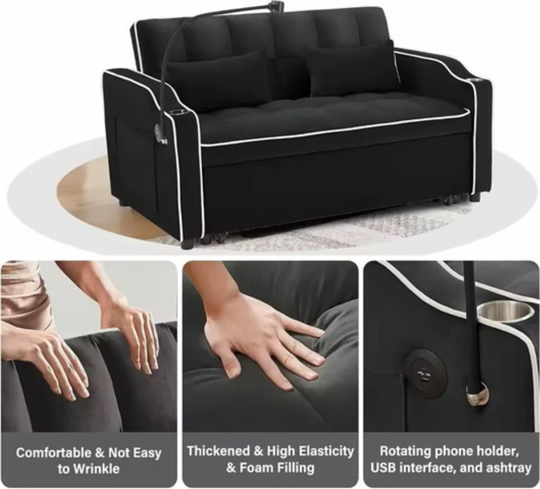 ספה נפתחת למיטה זוגית עם טעינת USB דגם לאציו LAZIO-2 שחור