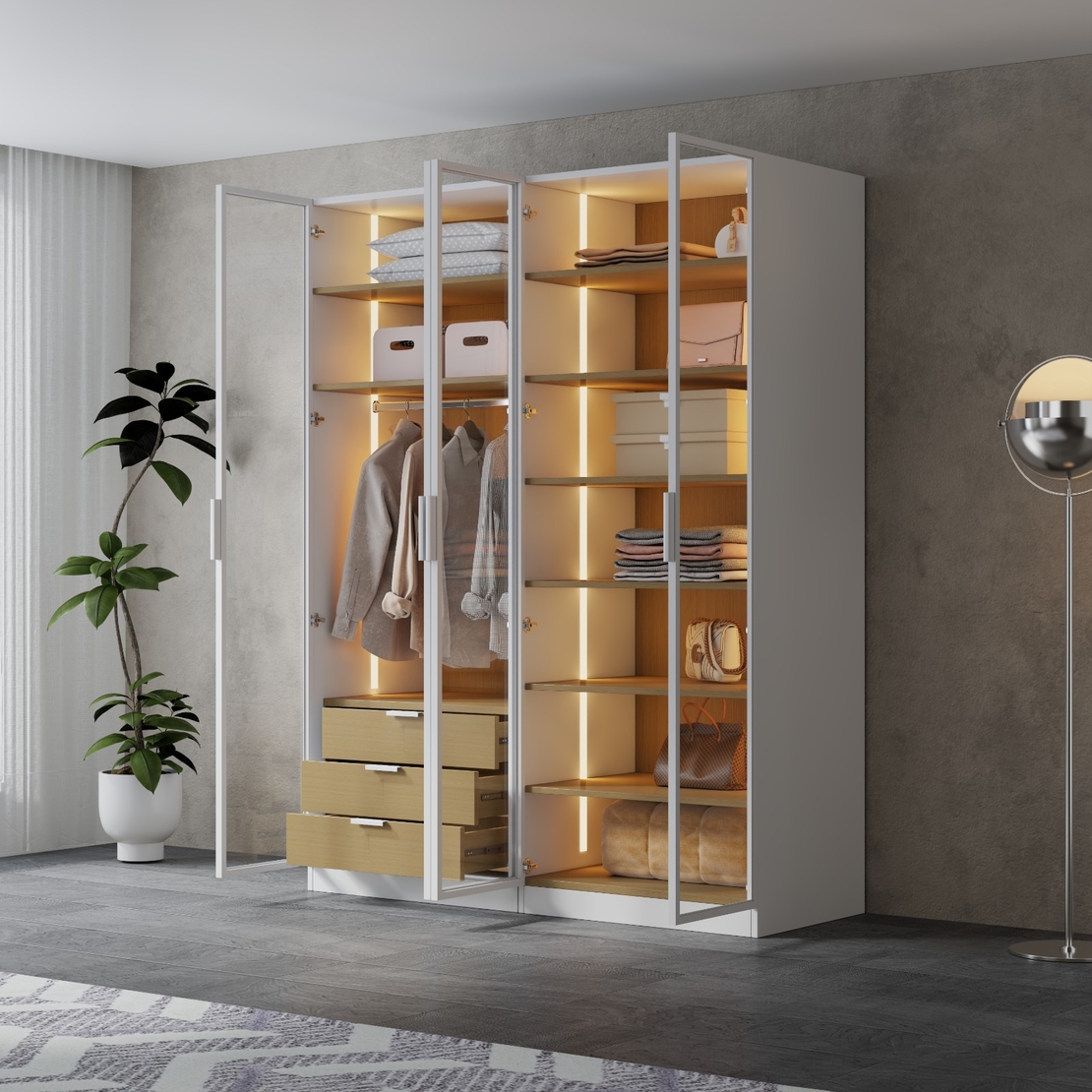 ארון בגדים 4 דלתות זכוכית עם תאורת LED רוחב 160 סדרת איטליה דגם פיזה לבן משולב עץ טבעי | מבית WOODY