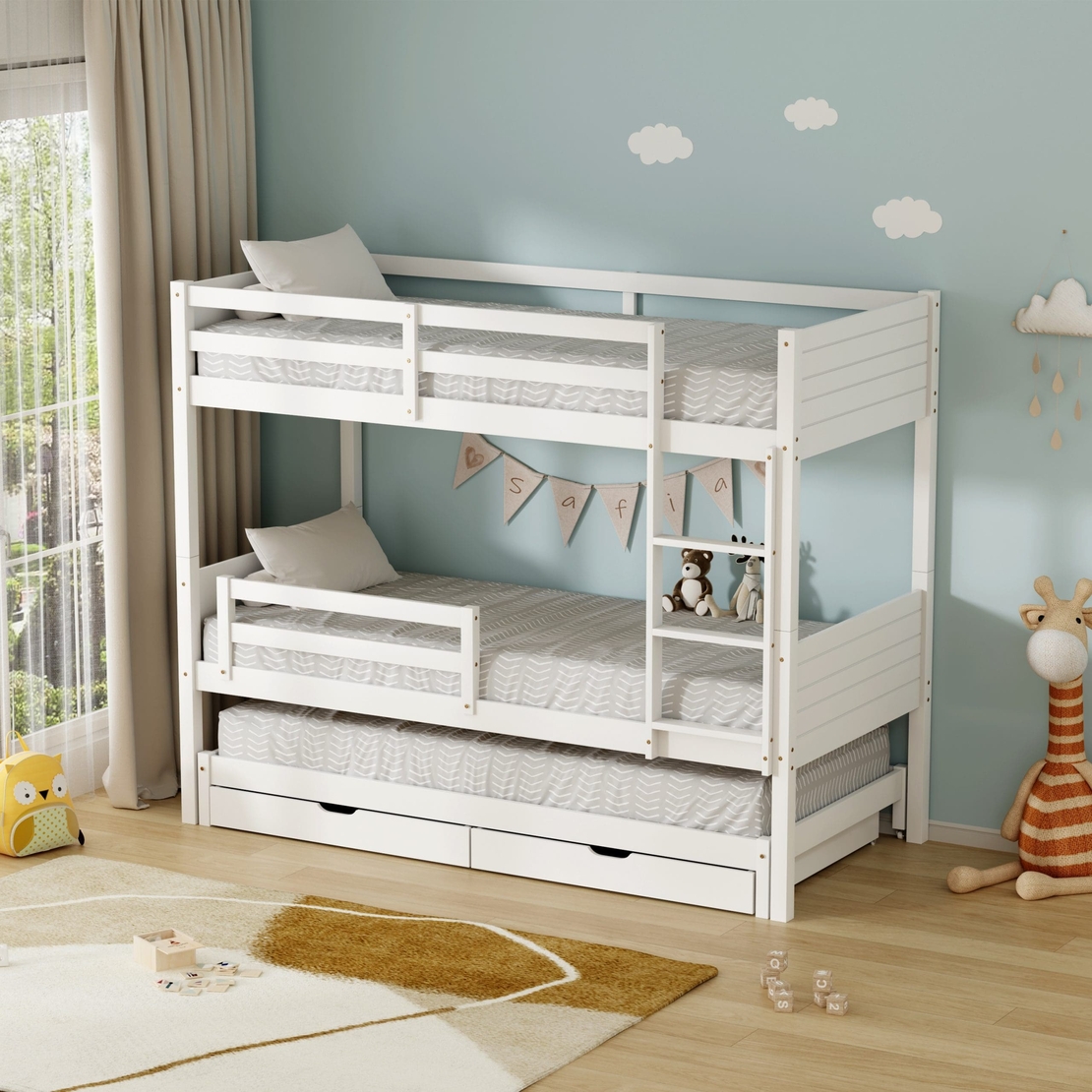 מיטת קומתיים מעץ מלא ואיכותי כולל מיטת חבר מגירות אחסון ו 3 מזרנים דגם אוליבר