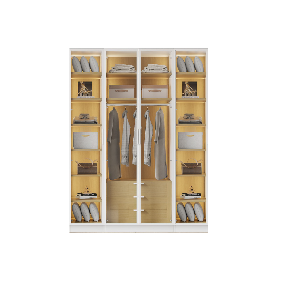 ארון בגדים 4 דלתות זכוכית עם תאורת LED רוחב 160 סדרת איטליה דגם נאפולי לבן משולב עץ טבעי | מבית WOODY