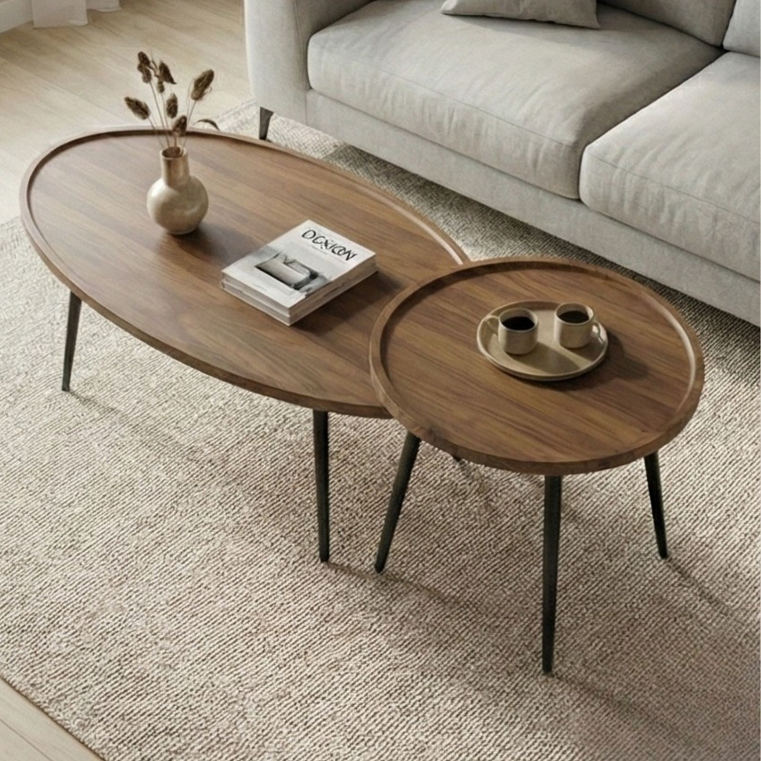 זוג שולחנות סלון מעוצבים דגם מנהטן אגוז