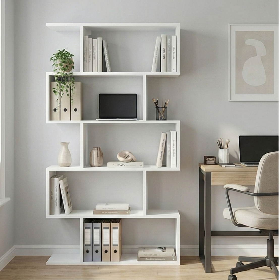 ספריה כוורת זיגזג ברוחב 90 בעיצוב מודרני דגם ורד לבן