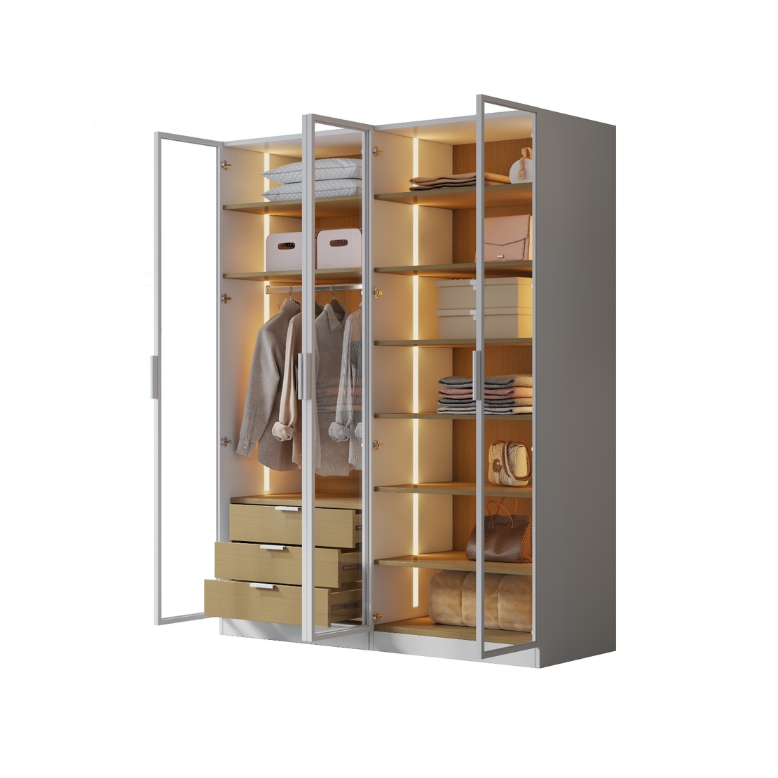 ארון בגדים 4 דלתות זכוכית עם תאורת LED רוחב 160 סדרת איטליה דגם פיזה לבן משולב עץ טבעי | מבית WOODY