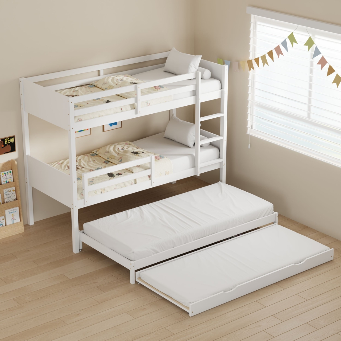 מיטת קומתיים מעץ מלא ואיכותי כולל 2 מיטות חבר ו 4 מזרנים דגם ביל