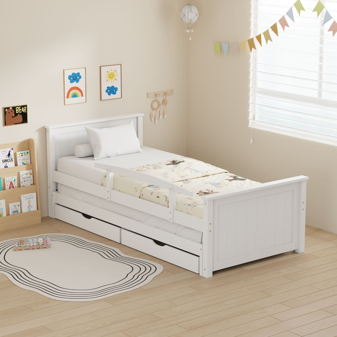 מיטת ילדים מעץ מלא כולל מיטת חבר מגירות אחסון ו 2 מזרנים דגם סמיילי