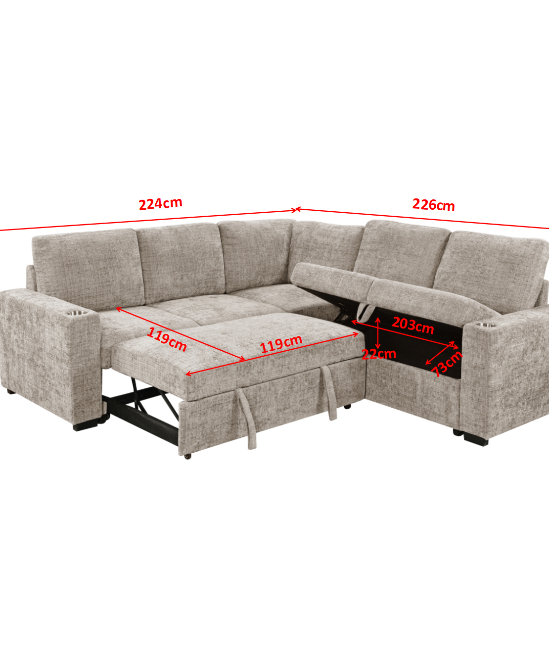 סלון פינתי מודולרי נפתח למיטה זוגית עם ארגז מצעים דגם לאטי LATTI אפור כהה