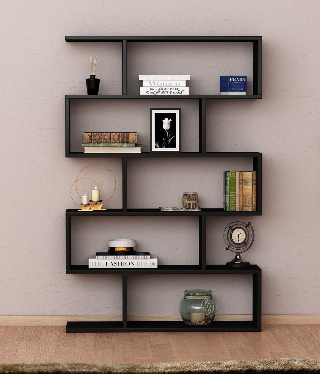 ספריה כוורת זיגזג ברוחב 90 בעיצוב מודרני דגם ורד שחור