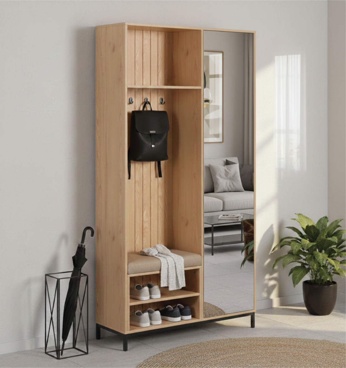 ארון כניסה מעוצב רוחב 100 כולל ספסל ישיבה ומראה דגם טוקיו Tokyo אלון | מבית WOODY