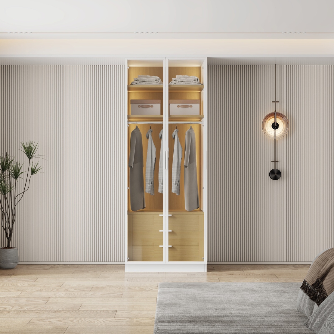 ארון בגדים 2 דלתות זכוכית עם תאורת LED רוחב 80 דגם מילאנו לבן משולב עץ טבעי | מבית WOODY