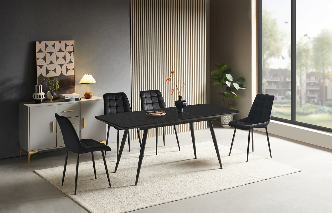 פינת אוכל מלבנית נפתחת 140/180 כולל 4 כסאות מבד קטיפה רחיץ דוחה כתמים דגם מאברוס