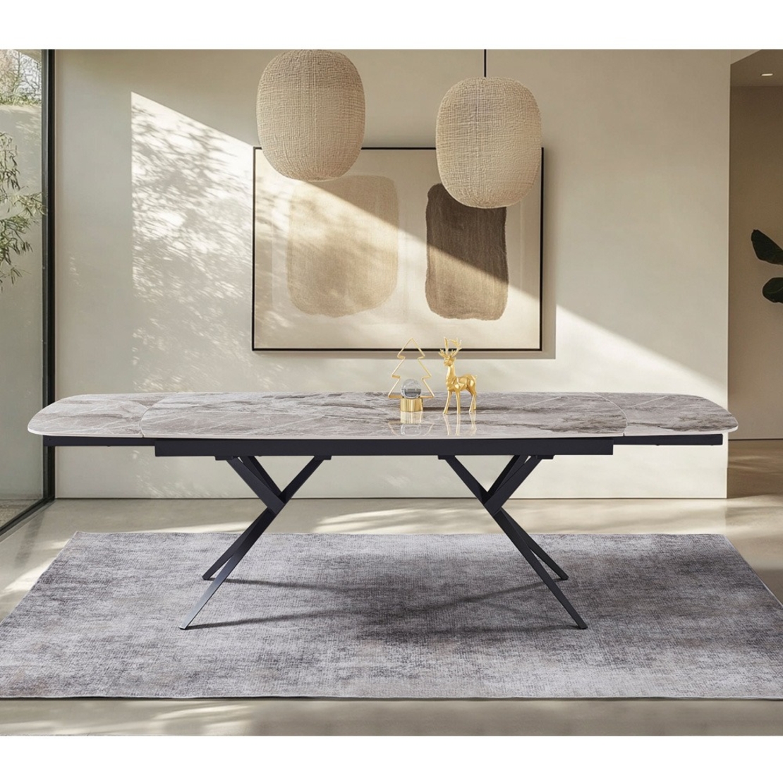 שולחן אוכל אבן קרמית באורך 1.8 מ' נפתח ל- 2.6 מ' עם רגלי ברזל דגם טרנד