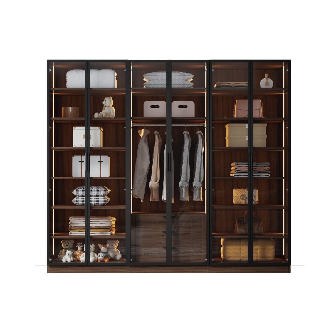 ארון בגדים 6 דלתות זכוכית עם תאורת LED דגם קופנהגן חום כהה | מבית WOODY