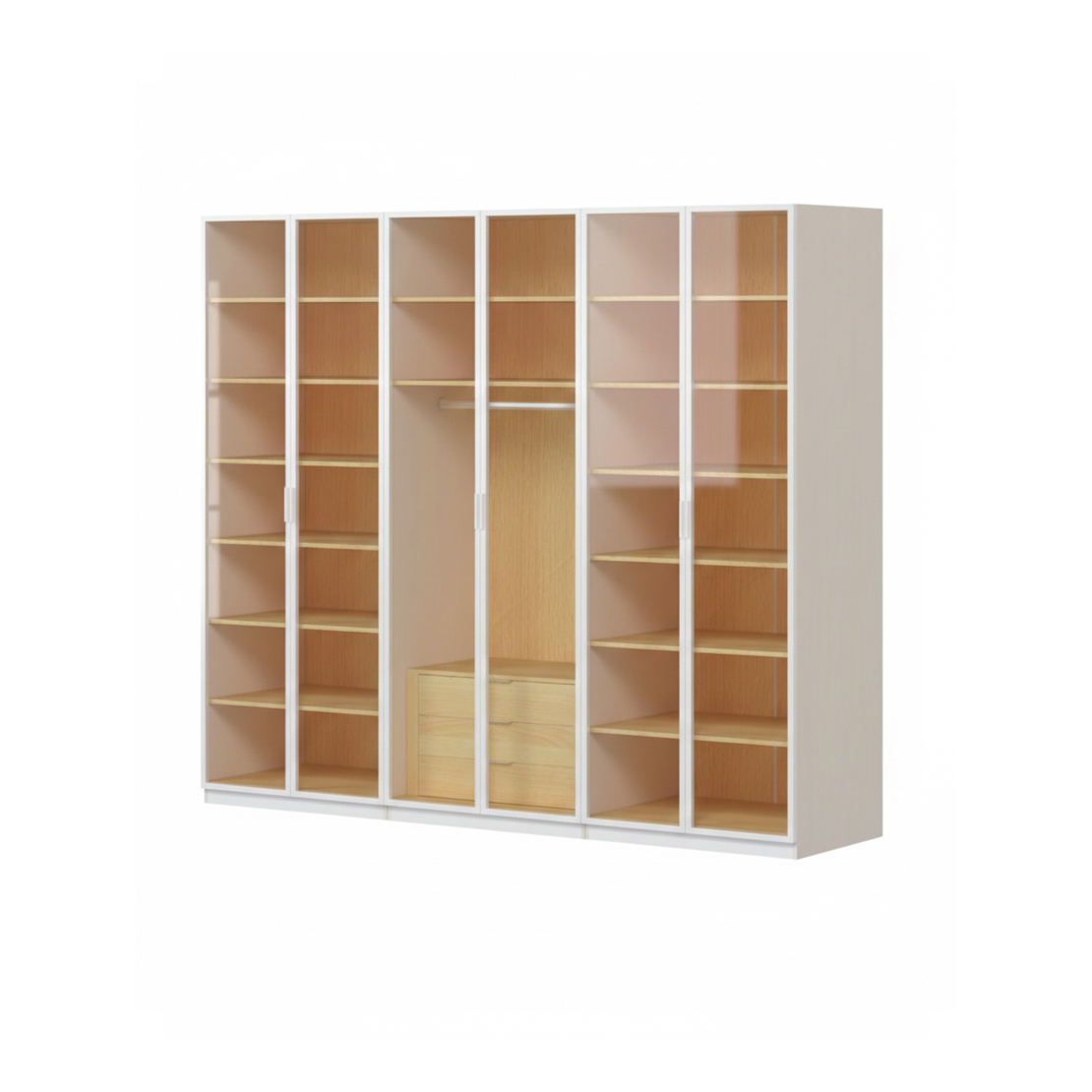 ארון בגדים 4 דלתות זכוכית עם תאורת LED דגם קופנהגן לבן משולב עץ טבעי | מבית WOODY