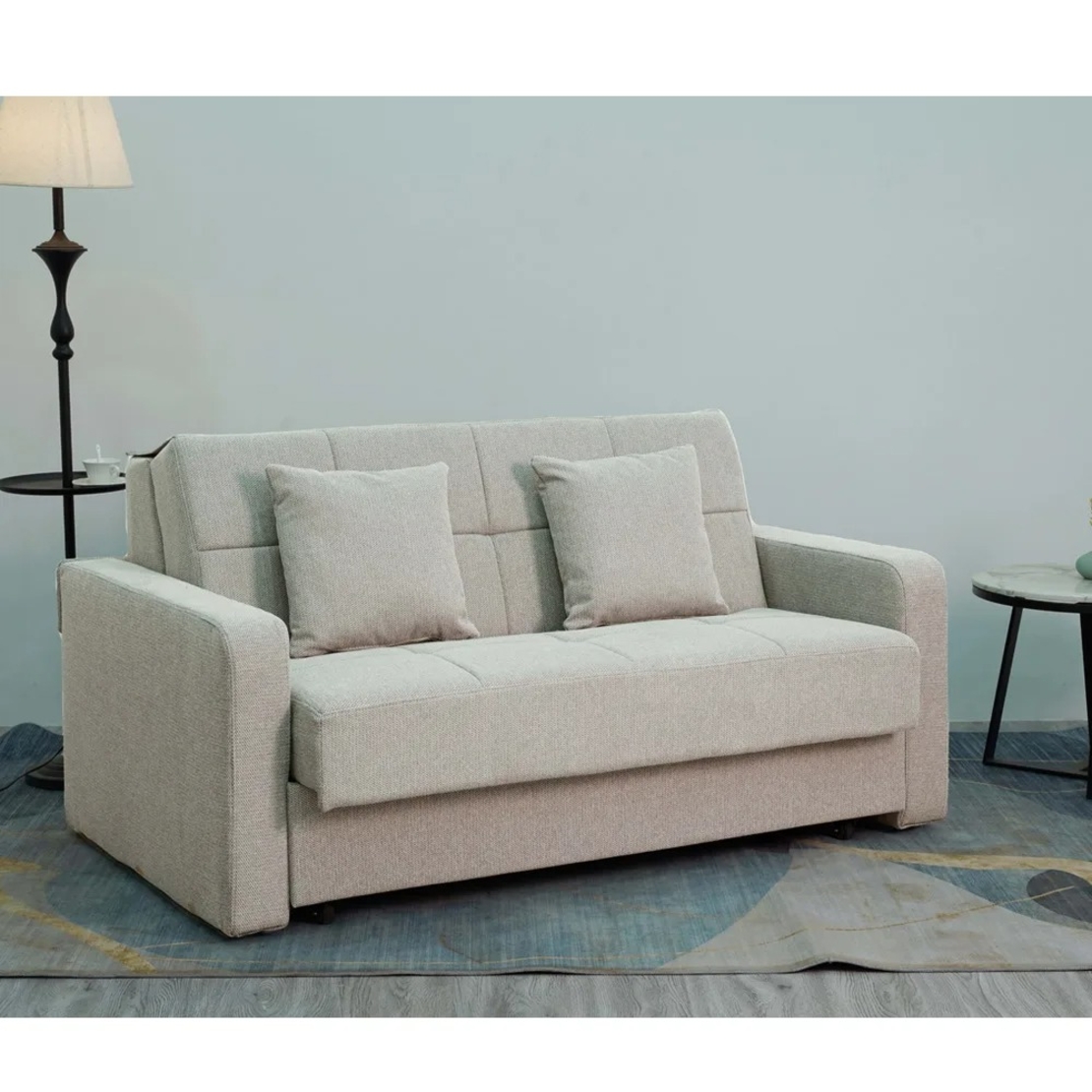 ספה מעוצבת נפתחת למיטה זוגית עם ארגז מצעים בבד קטיפתי דגם מאיה בז