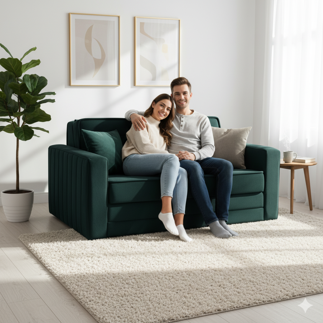 ספה דו-מושבית נפתחת למיטה זוגית עם ארגז מצעים דגם דומו DOMO ירוק