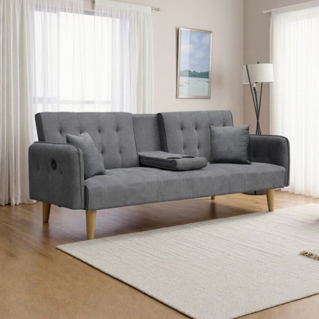 ספה תלת מושבית נפתחת למיטה עם משענת יד פונקציונלית לכוסות וטעינה מובנת דגם מאצו MEZZO אפור