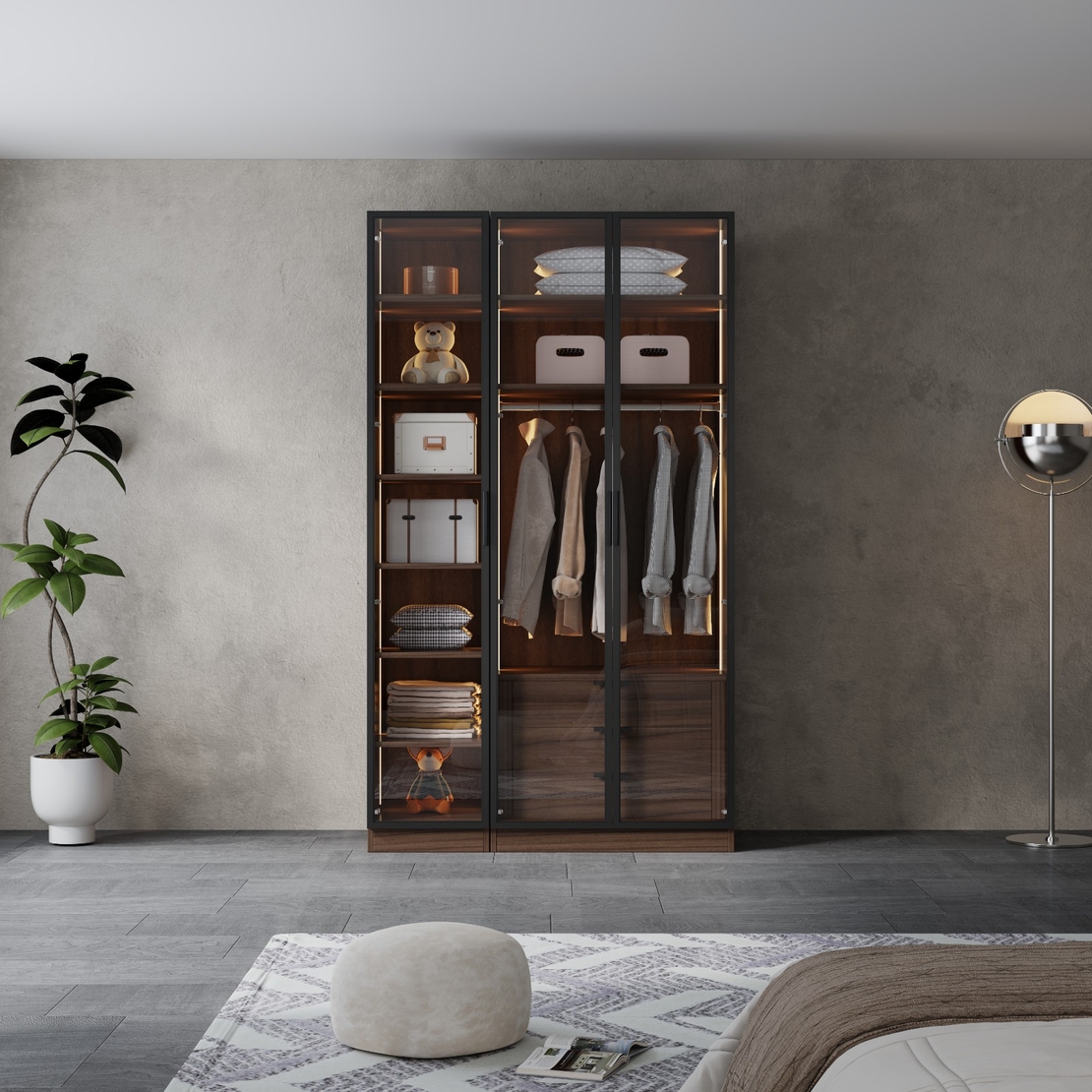 ארון בגדים 3 דלתות זכוכית עם תאורת LED רוחב 120 סדרת איטליה דגם טורינו חום כהה | מבית WOODY