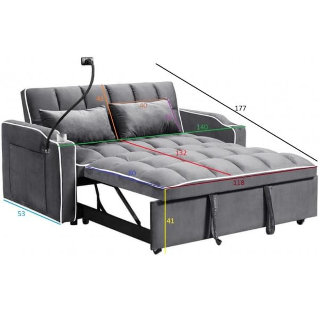 ספה נפתחת למיטה זוגית עם טעינת USB דגם לאציו LAZIO-2 אפור כהה