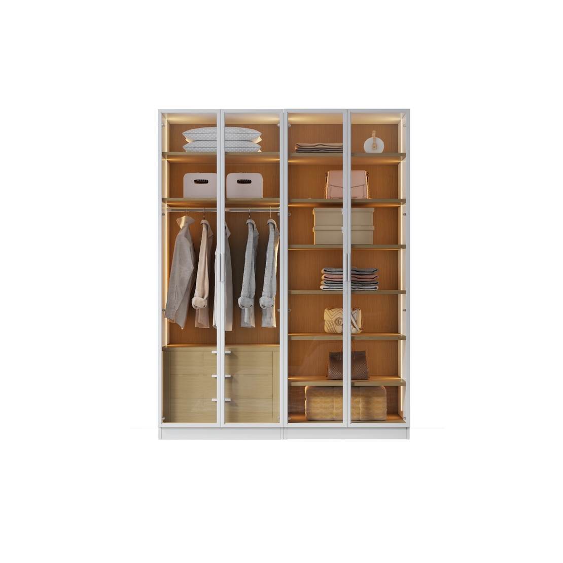 ארון בגדים 4 דלתות זכוכית עם תאורת LED רוחב 160 סדרת איטליה דגם פיזה לבן משולב עץ טבעי | מבית WOODY