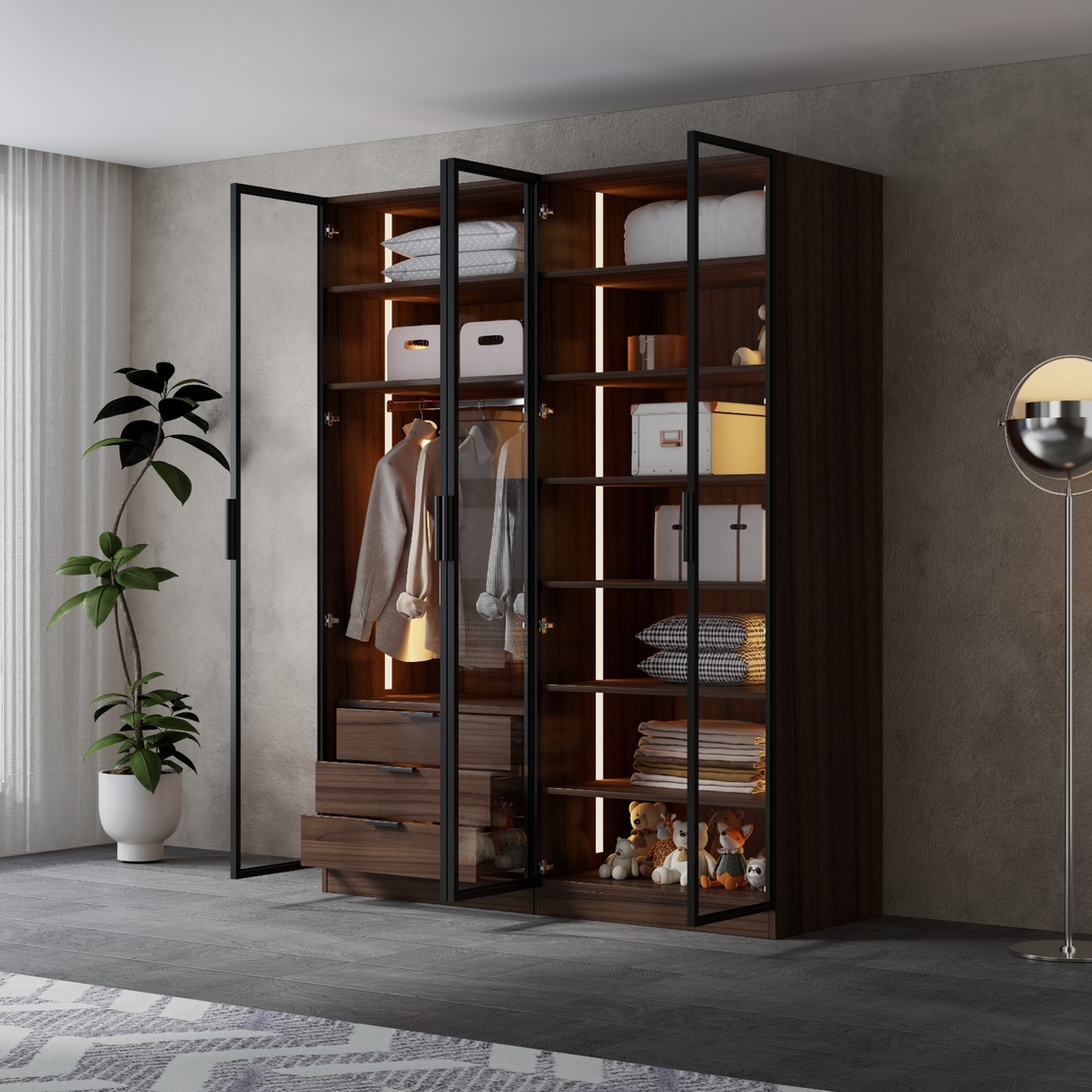 ארון בגדים 4 דלתות זכוכית עם תאורת LED רוחב 160 סדרת איטליה דגם פיזה חום כהה | מבית WOODY