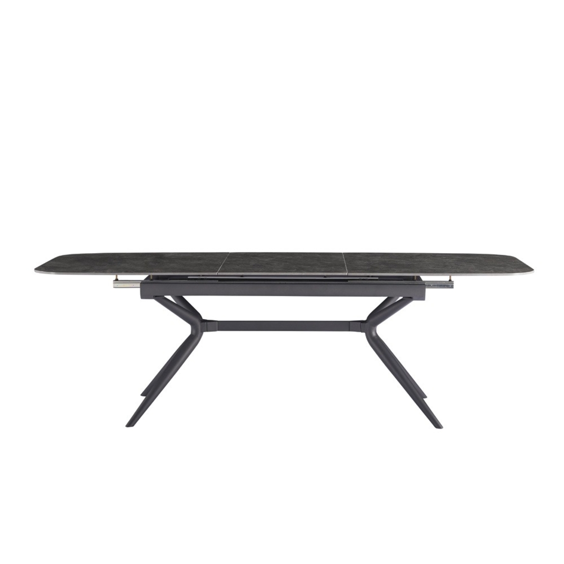 שולחן אוכל אבן קרמית באורך 1.8 מ' נפתח ל- 2.4 מ' עם רגלי ברזל דגם חץ אפור פחם