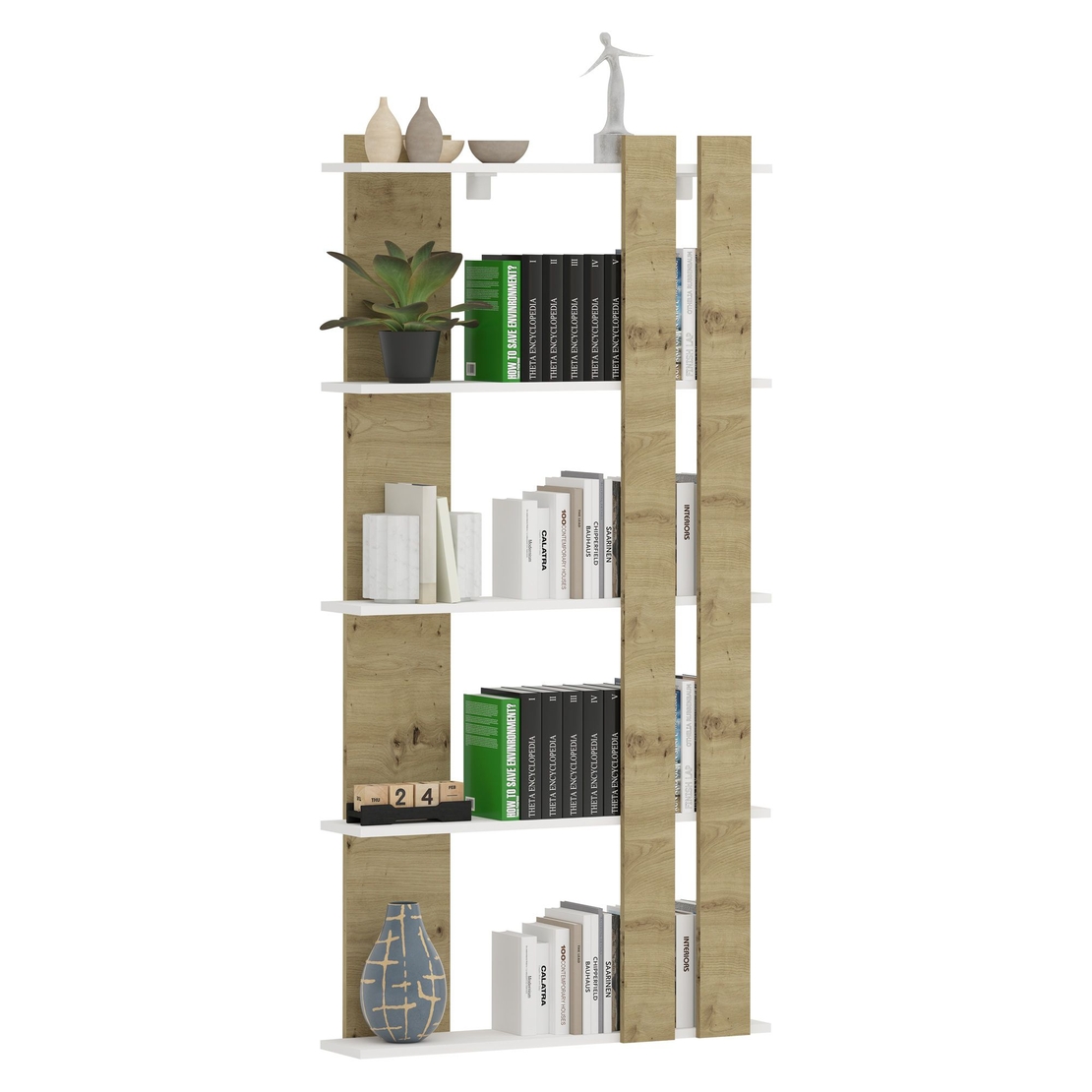 כוננית ספריה מעוצבת 5 מדפים בגוון לבן בשילוב אלון דגם נופר
