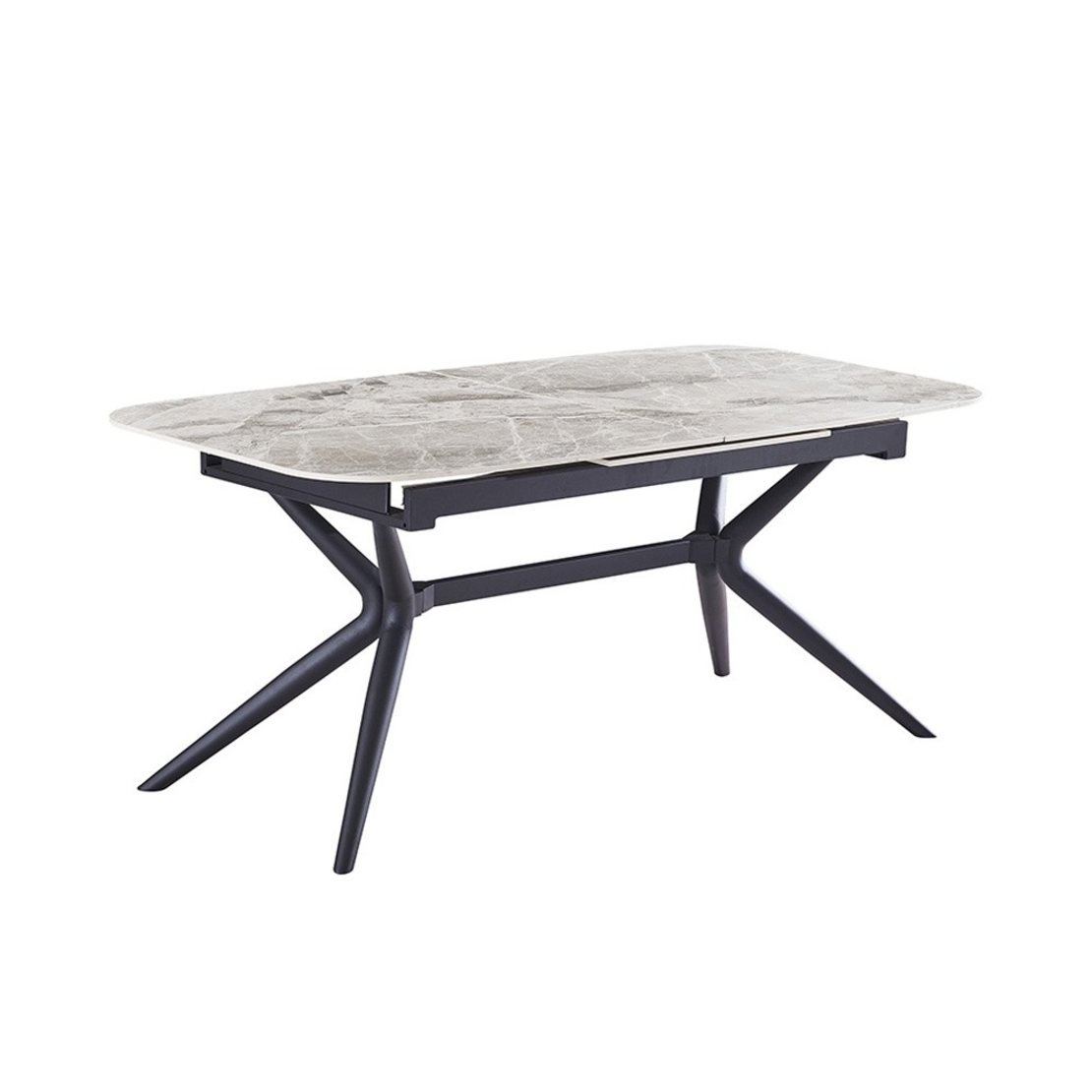 שולחן אוכל אבן קרמית באורך 1.8 מ' נפתח ל- 2.4 מ' עם רגלי ברזל דגם חץ אפור מבריק