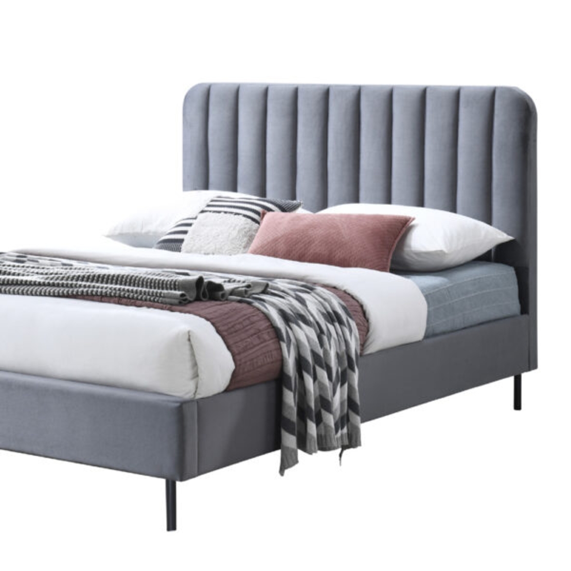 מיטה זוגית 140×190 עץ מלא מרופדת עם רגלי ברזל דגם עינב אפור כהה