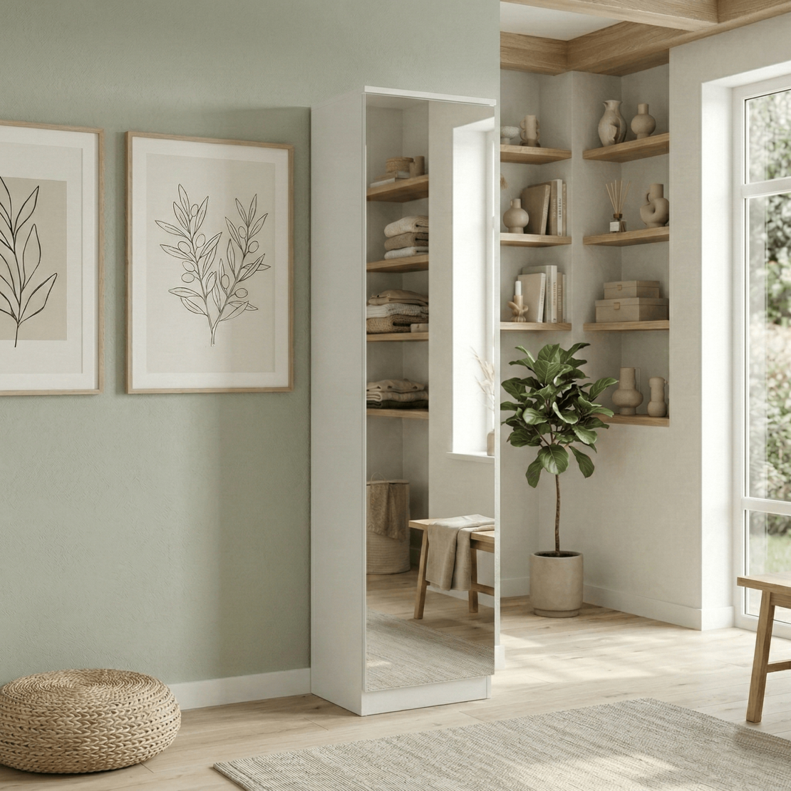 ארון נעליים 13 תאים מעוצב 45×200 עם מראה דגם ריו Rio לבן | מבית WOODY