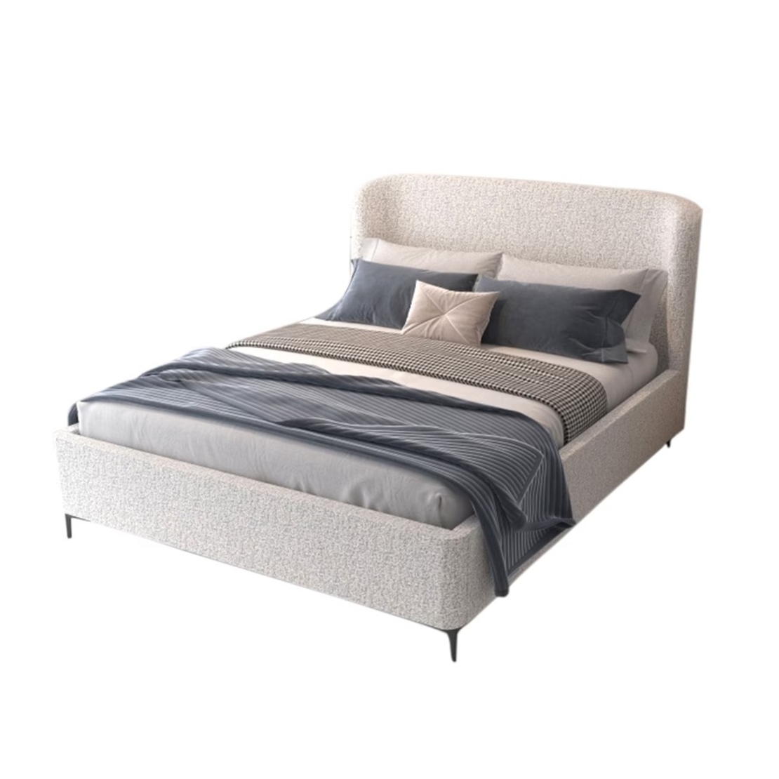 מיטה זוגית מעוצבת ריפוד בד בוקלה עם ארגז מצעים מעץ דגם בובה אפור בהיר