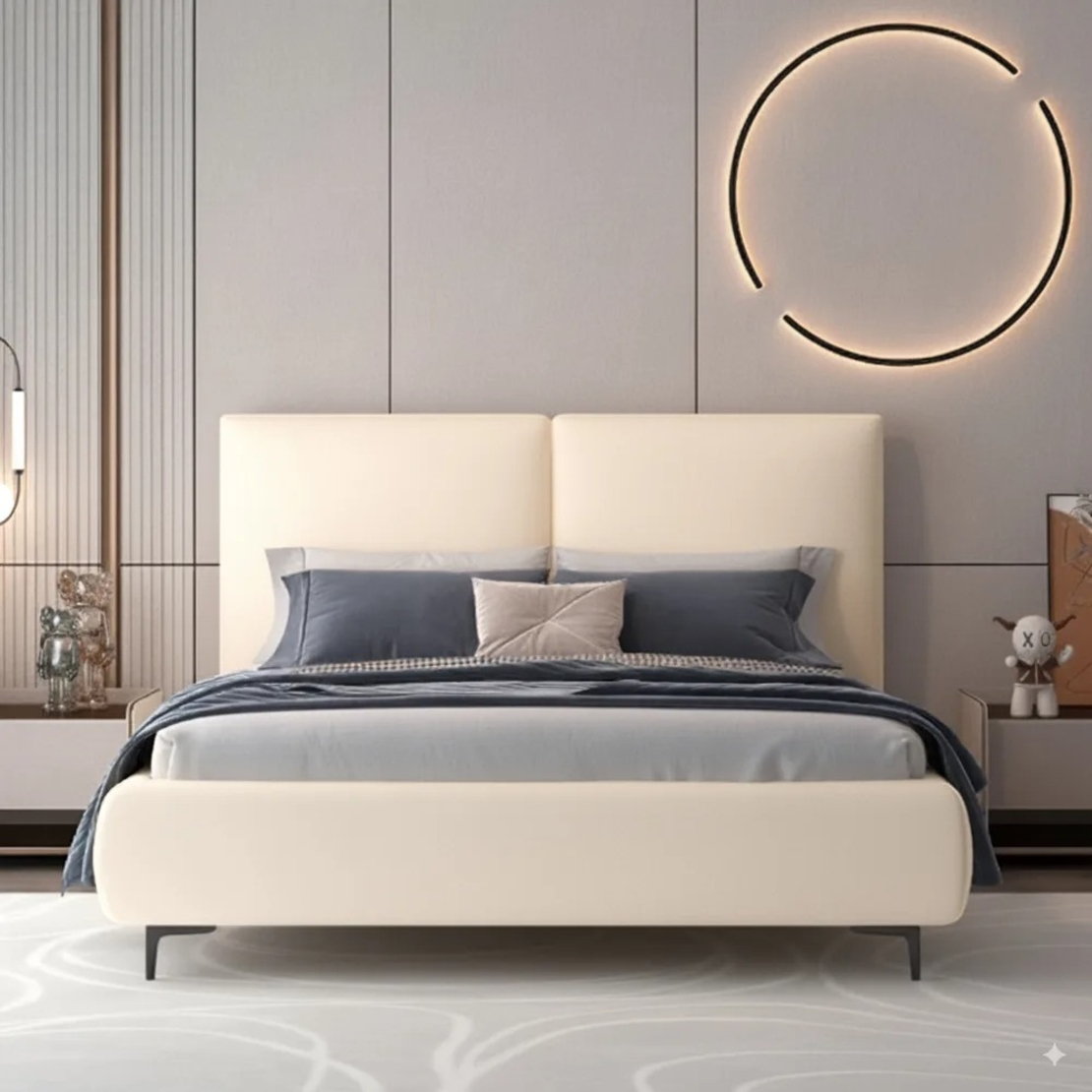 מיטה זוגית מעוצבת ריפוד בד קטיפתי עם ארגז מצעים מעץ דגם מליסה קרם