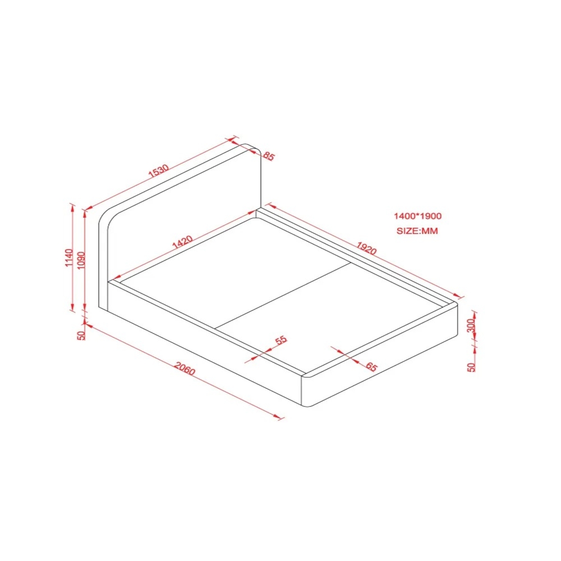 מיטה זוגית מעוצבת בריפוד בד בוקלה עם ארגז מצעים מעץ דגם נוגה שמנת