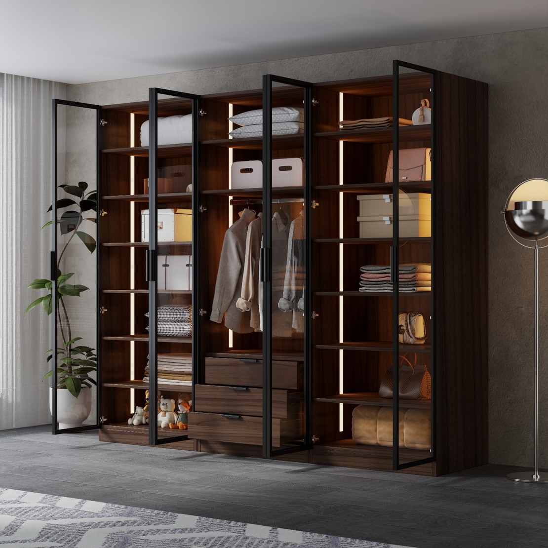 ארון בגדים 6 דלתות זכוכית עם תאורת LED רוחב 240 סדרת איטליה דגם רומא חום כהה | מבית WOODY
