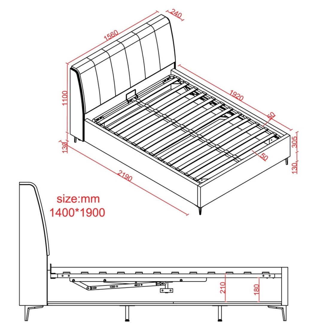 מיטה זוגית מעוצבת ריפוד בד רחיץ עם ארגז מצעים מעץ דגם אליזבט אבן