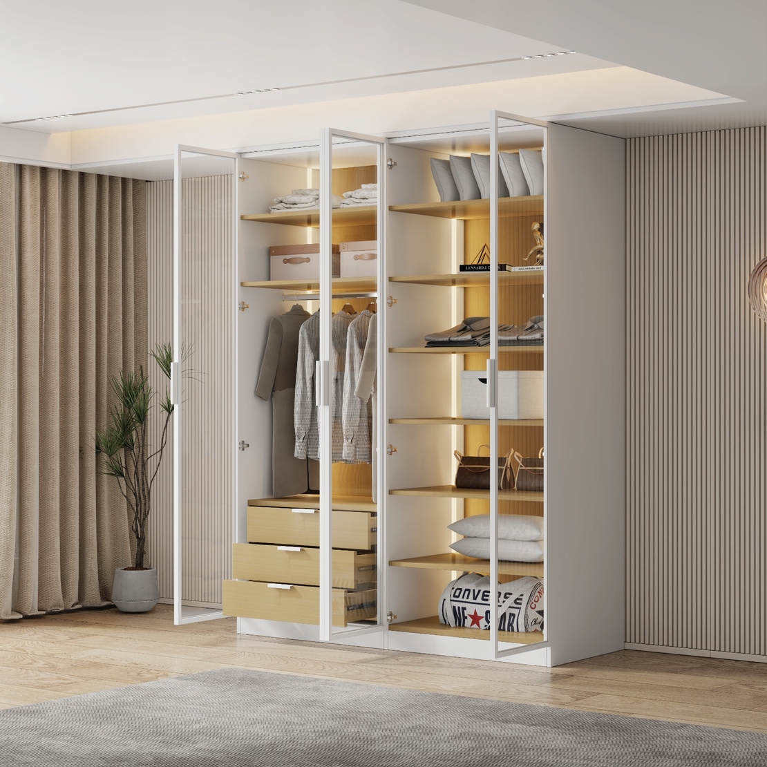 ארון בגדים 4 דלתות זכוכית עם תאורת LED רוחב 160 סדרת איטליה דגם פיזה לבן משולב עץ טבעי | מבית WOODY