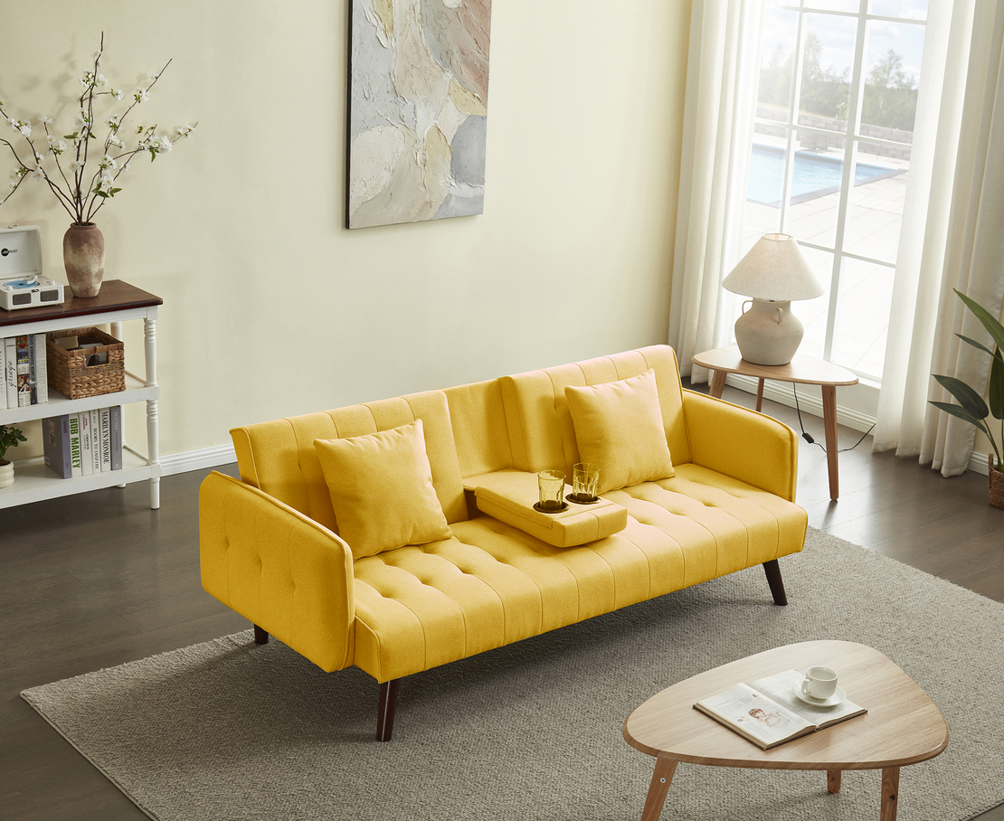 ספה נפתחת למיטה כולל בר כוסות דגם סיקסטיז חרדל