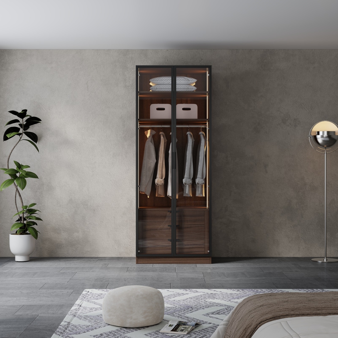 ארון בגדים 2 דלתות זכוכית עם תאורת LED רוחב 80 דגם מילאנו חום כהה | מבית WOODY