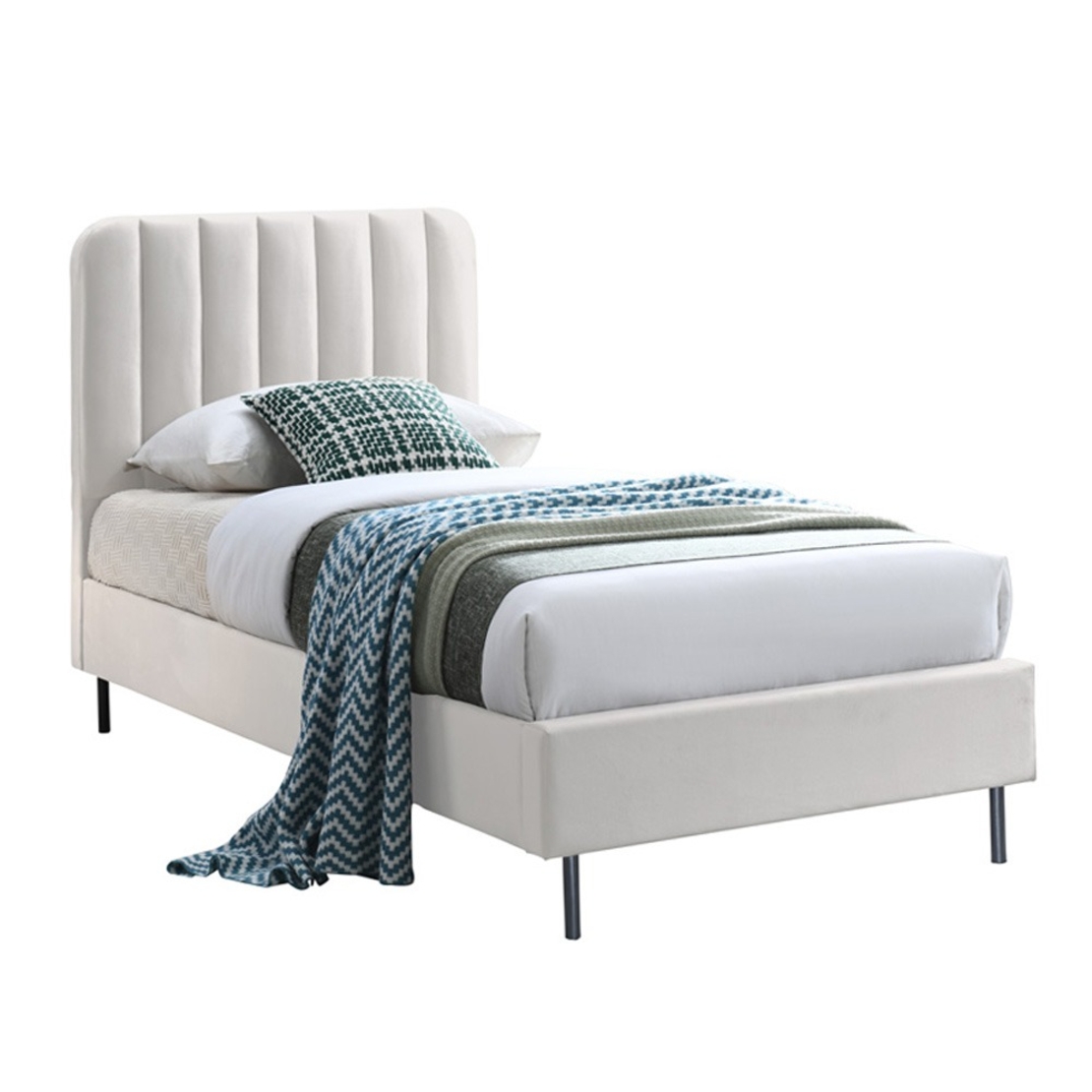 מיטת יחיד למזרן 90×190 מרופדת בד קטיפתי עם רגלי ברזל מודרניות דגם נועה קרם