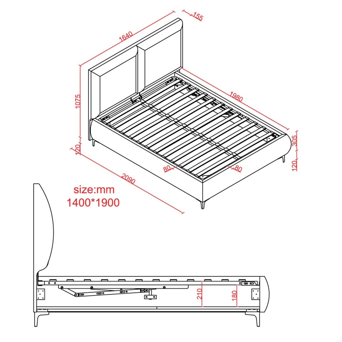 מיטה זוגית מעוצבת ריפוד בד קטיפתי עם ארגז מצעים מעץ דגם מליסה קרם