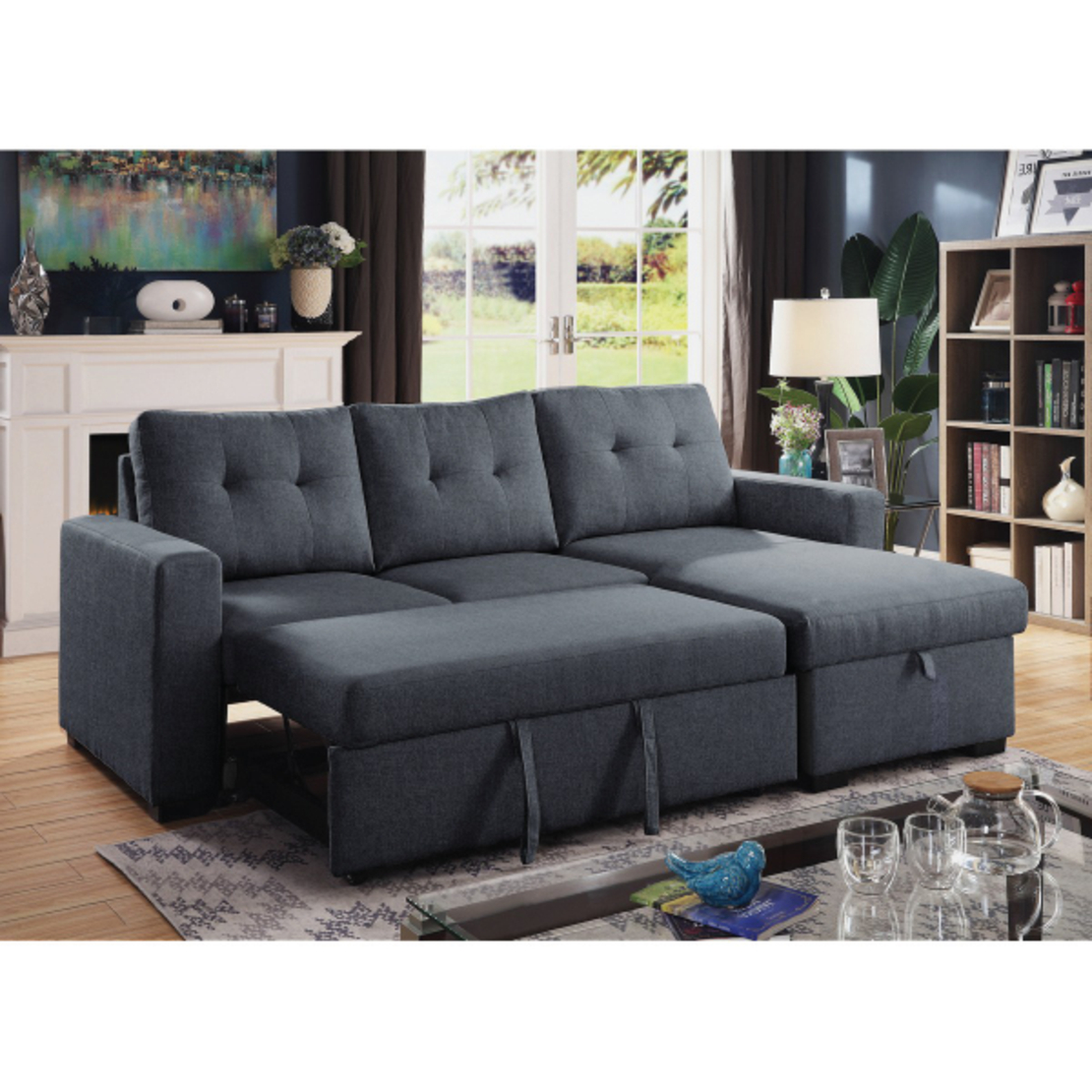 מערכת ישיבה פינתית נפתחת למיטה זוגית עם ארגז מצעים דגם VIVA אפור כהה